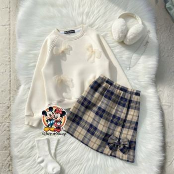 Girls' Bow-Accent Sweatshirt & Plaid Skirt