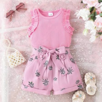Pink Ribbed Top & Floral Bow Shorts Set